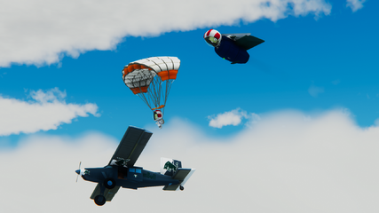 Green Bull C-7 Wheet, Flying Wing and Skydiver team in formation